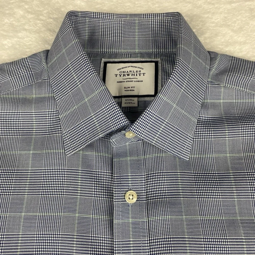 Charles Tyrwhitt Dress Shirt Mens 17-35 Blue/Green Plaid Slim Fit No Iron